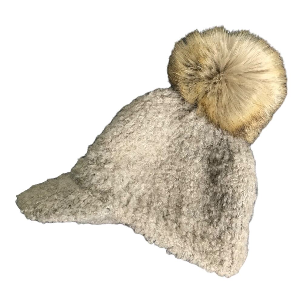 Anthropology Pilcro Hat Wmns OS Grayish Brown Wool Stretch Faux Fur Pom Pom‎ Cap